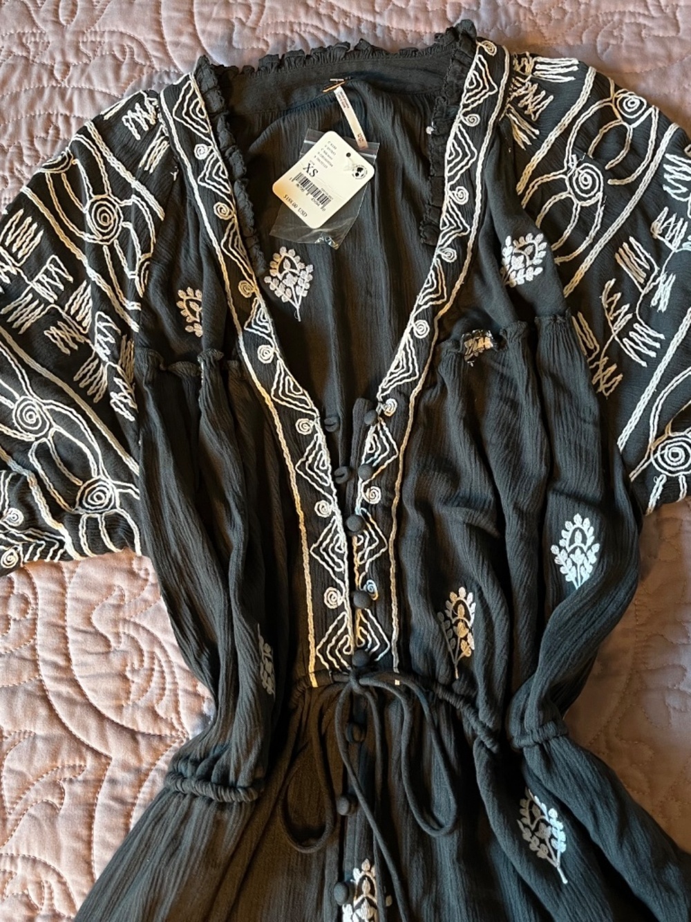 Free People Riley Embroidered Washed Black Maxi Dress *NWT* Size XS
